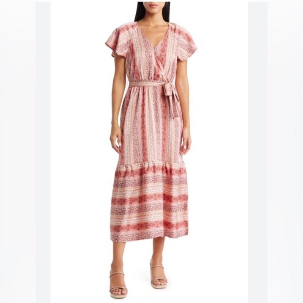 Lucky Brand Tie Waist Tiered Floral Pink Midi Dress Large NWT